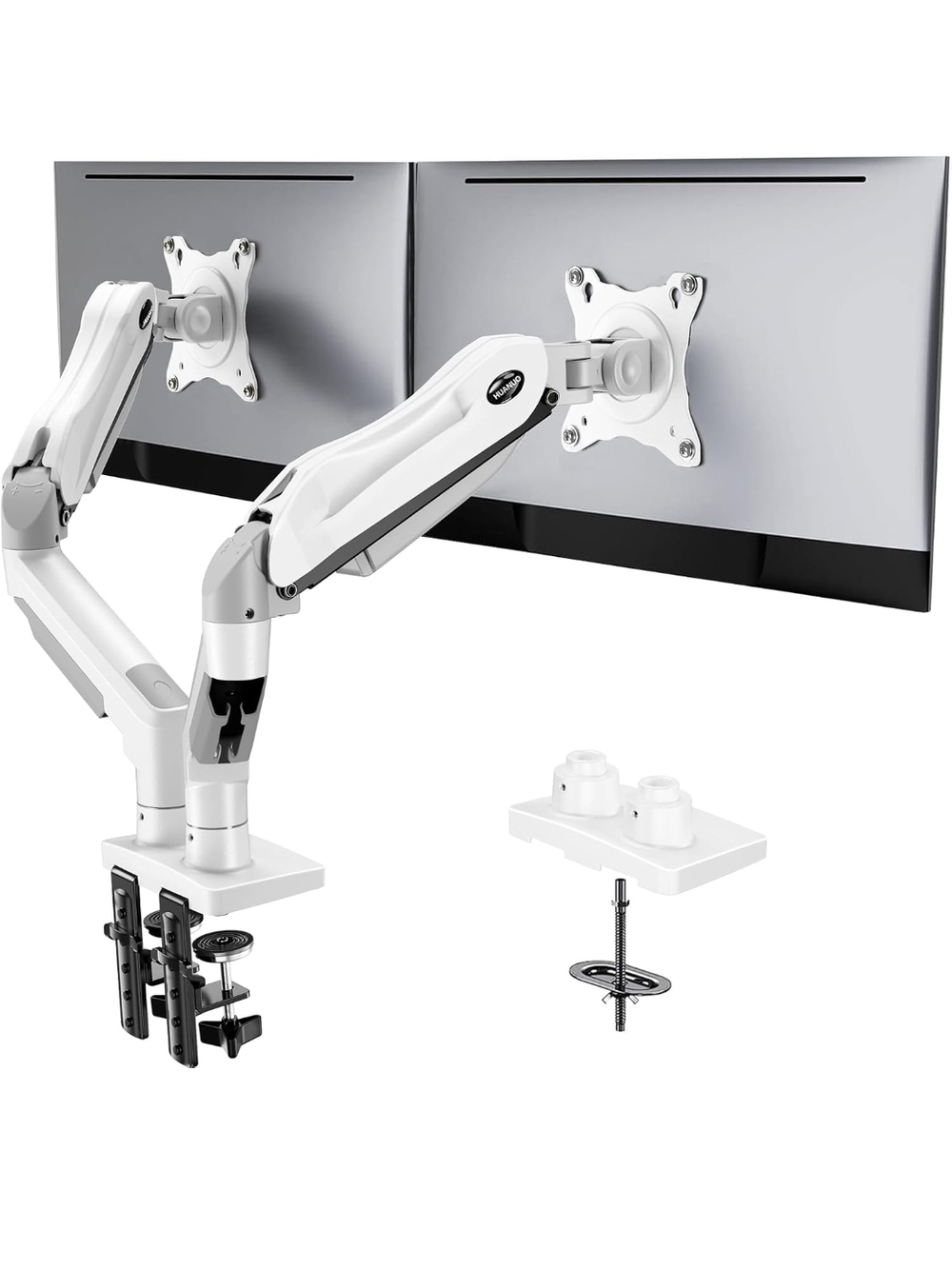 HUANUO Dual Monitor Stand White Gas Spring Desk Mount 13-32" VESA Arm